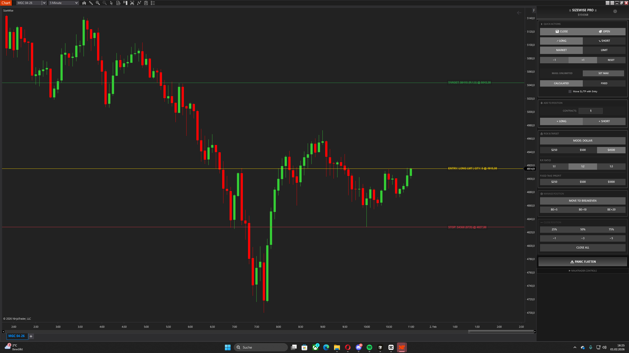 SizeWise PRO interface in NinjaTrader 8 showing position sizing panel with MGC futures chart